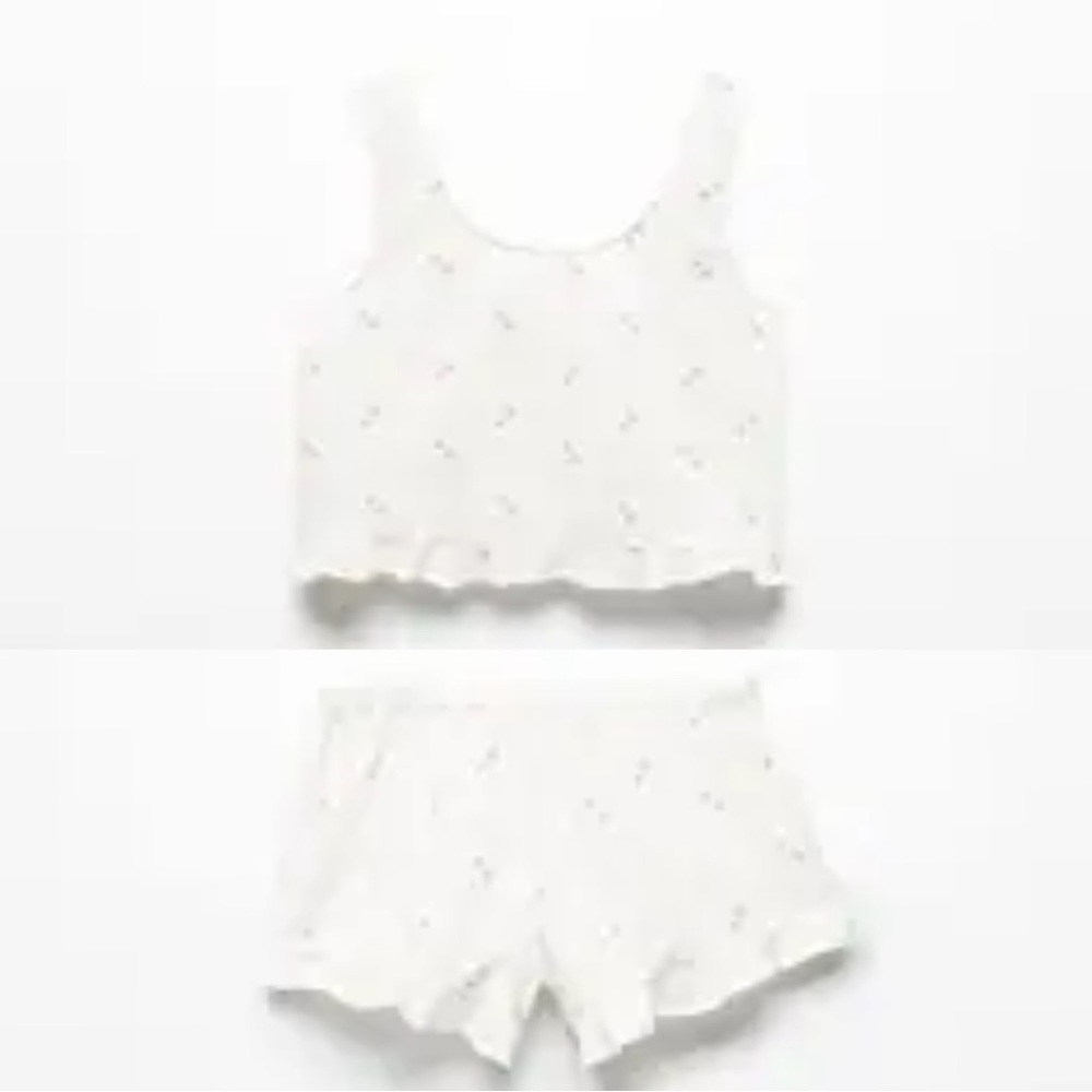 NWOT MANGO Floral Embroidered Cotton Pajama Top Shorts Set M White Daisies